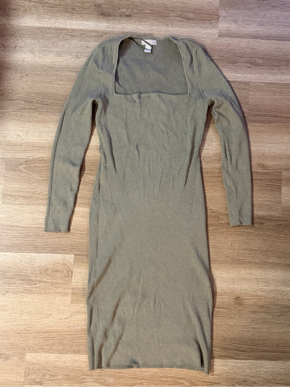 H&M Olive Green Ribbed Square Neck Long Sleeve Dress